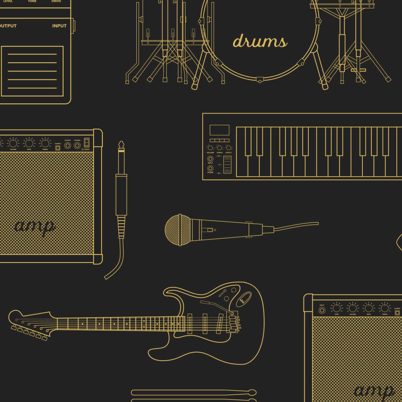 "Wall Blush's Gibson Wallpaper featuring musical instruments pattern in a stylish room setup."
