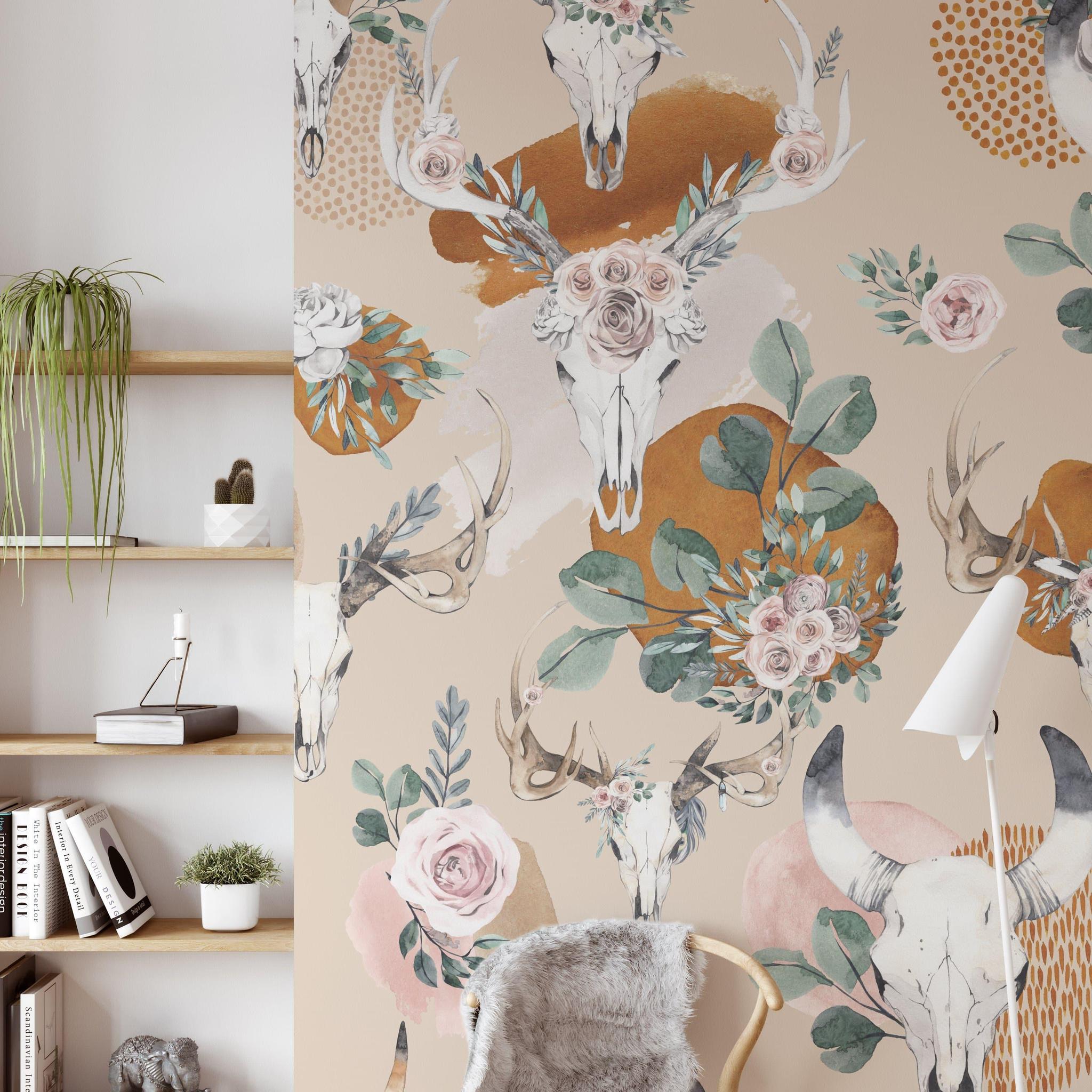 Desert Rose Wallpaper from The Chelsea DeBoer Line featured in a cozy, stylish reading room setting.
