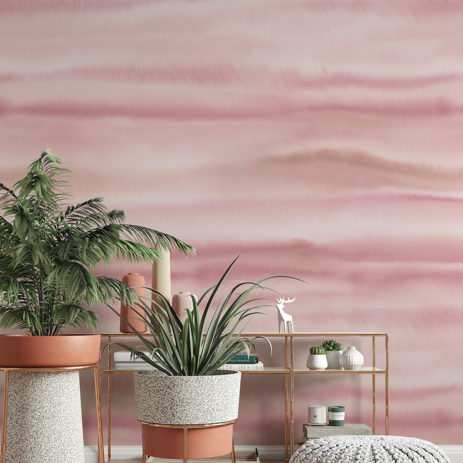 Fraya (Passionfruit) Wallpaper by The Ania Zwara Line in an elegantly styled living room with focus on the wall.
