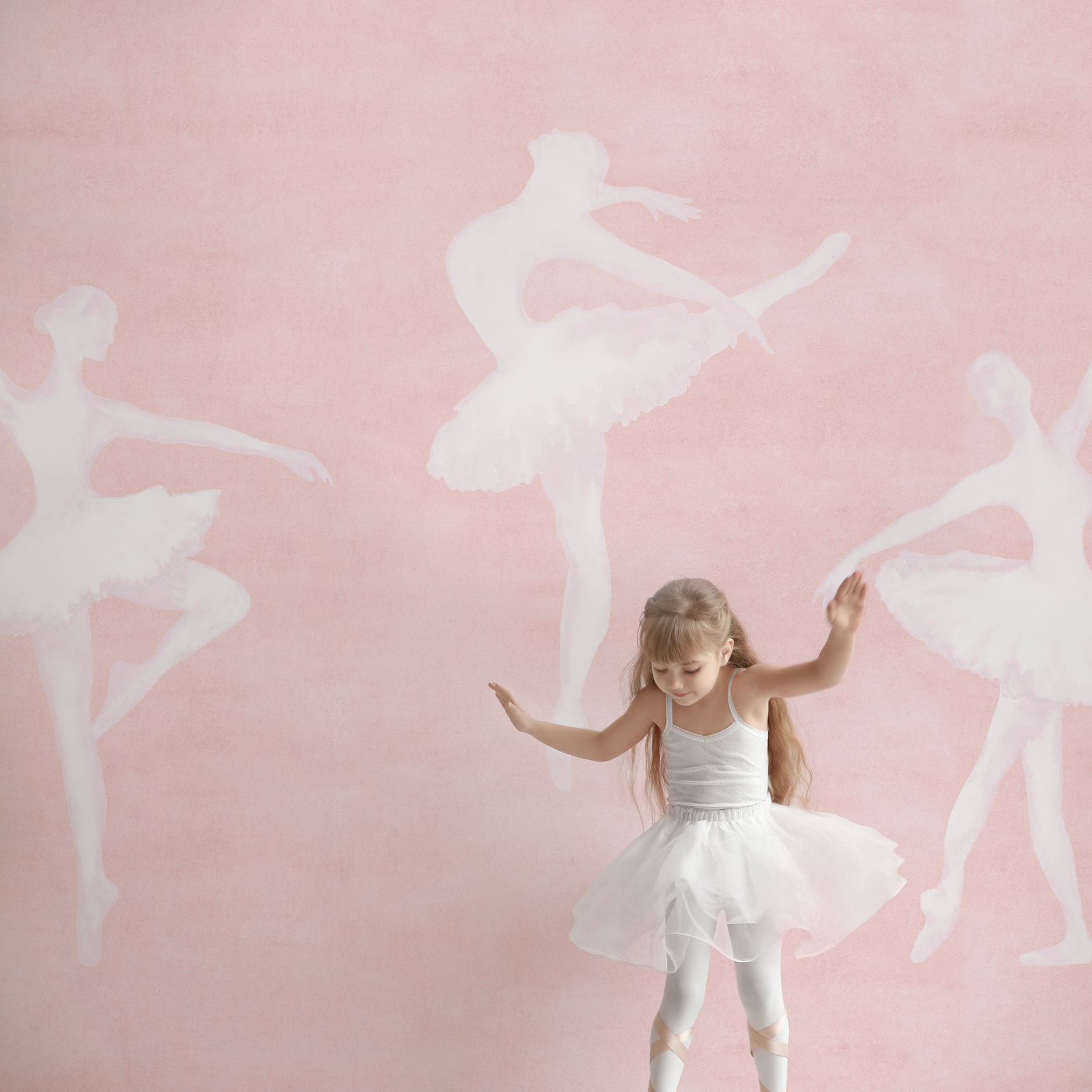 Child's bedroom featuring 'Pirouette (Mural Edition) Wallpaper' by Wall Blush with ballet theme.
