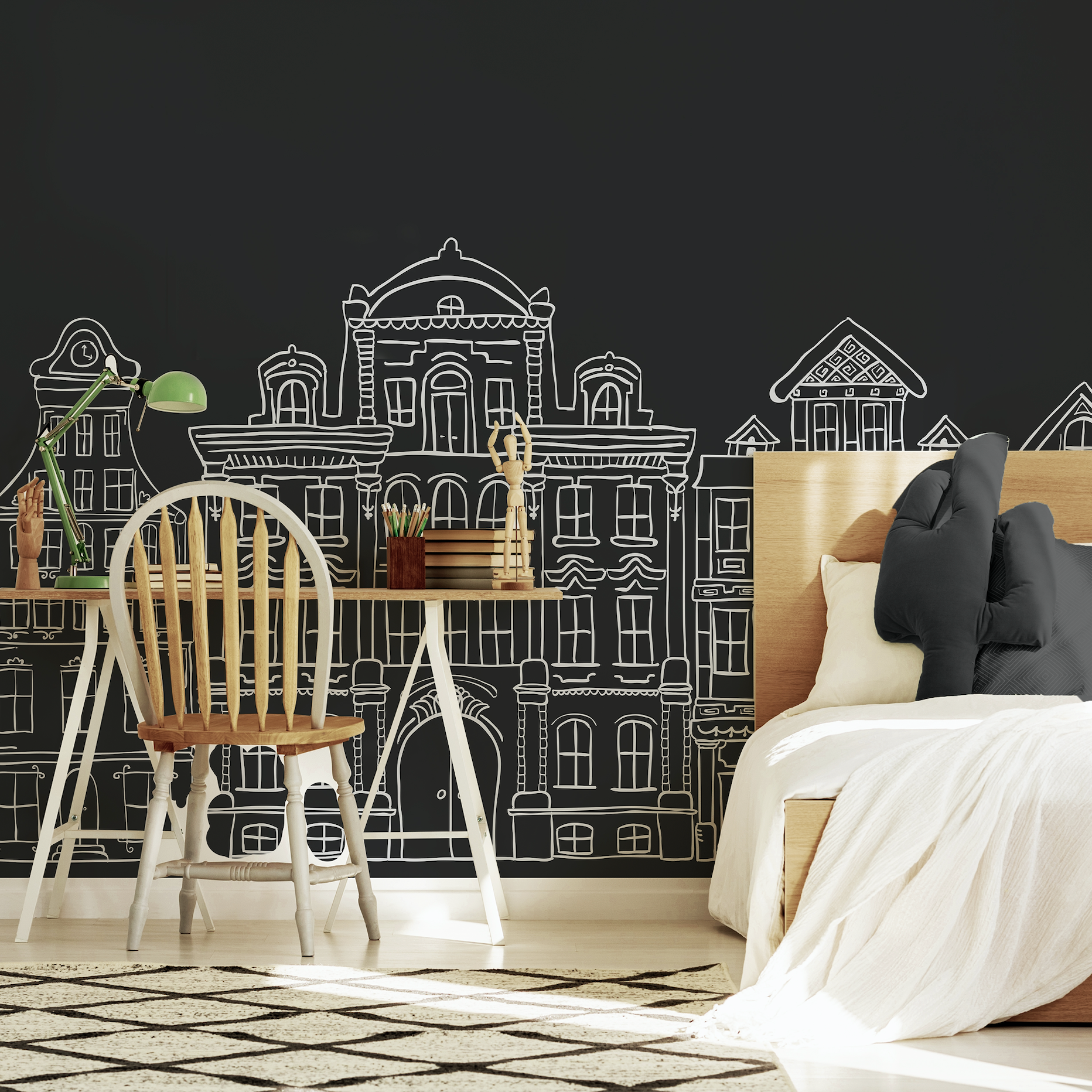 Chic bedroom with Wall Blush's Madeline (Dark) Wallpaper featuring architectural designs, highlighting stylish wall decor.
