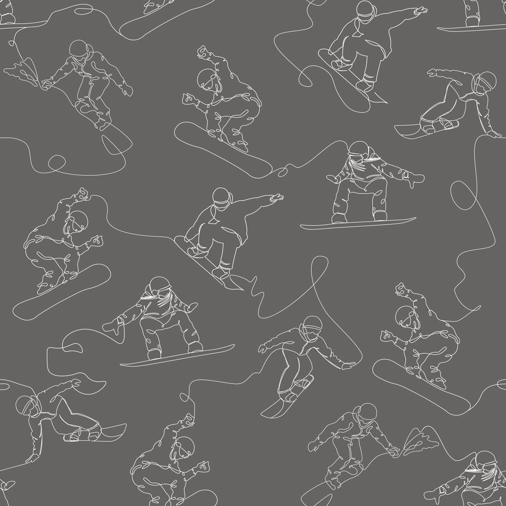 "Wall Blush Summit (Grey) Wallpaper featuring snowboarders, ideal for a modern bedroom or living space."