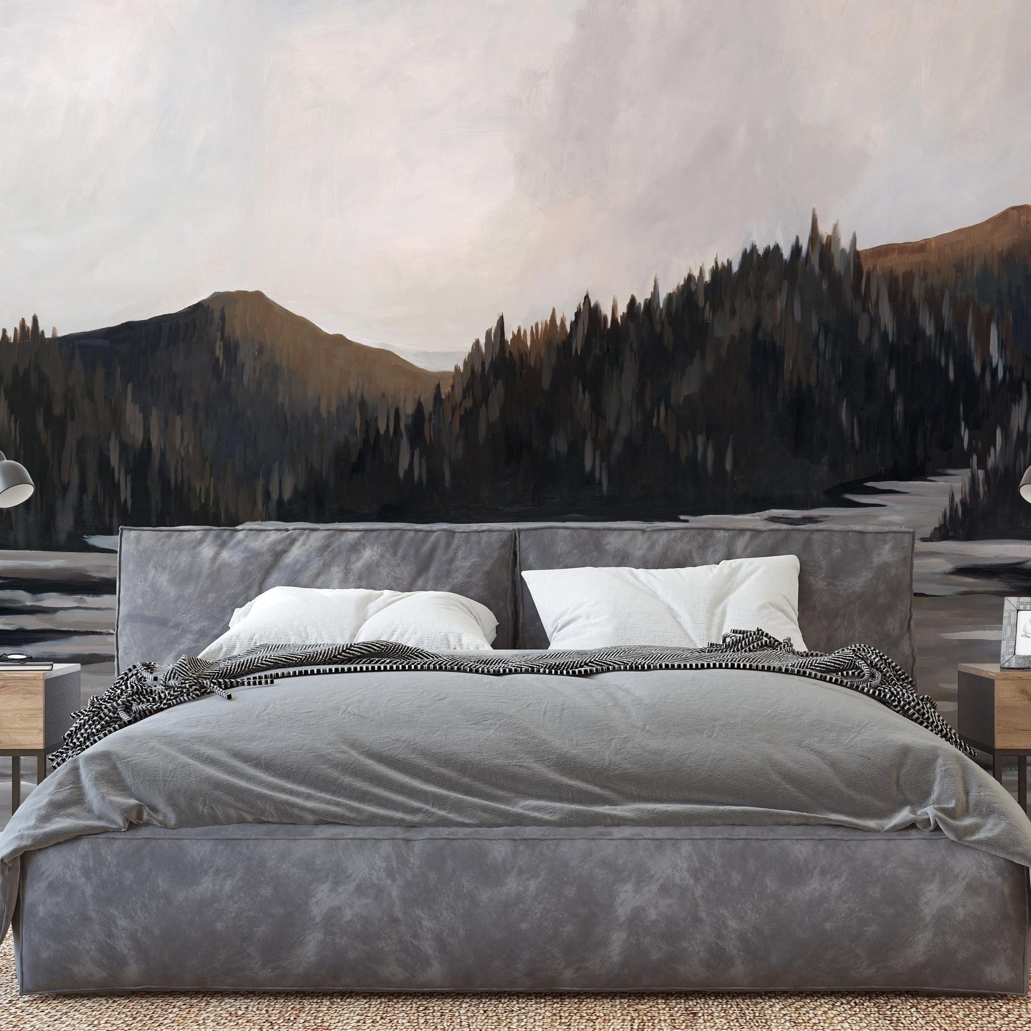 Solitude Wallpaper by The David Brazier Line in a bedroom, scenic forest design with serene ambience.
