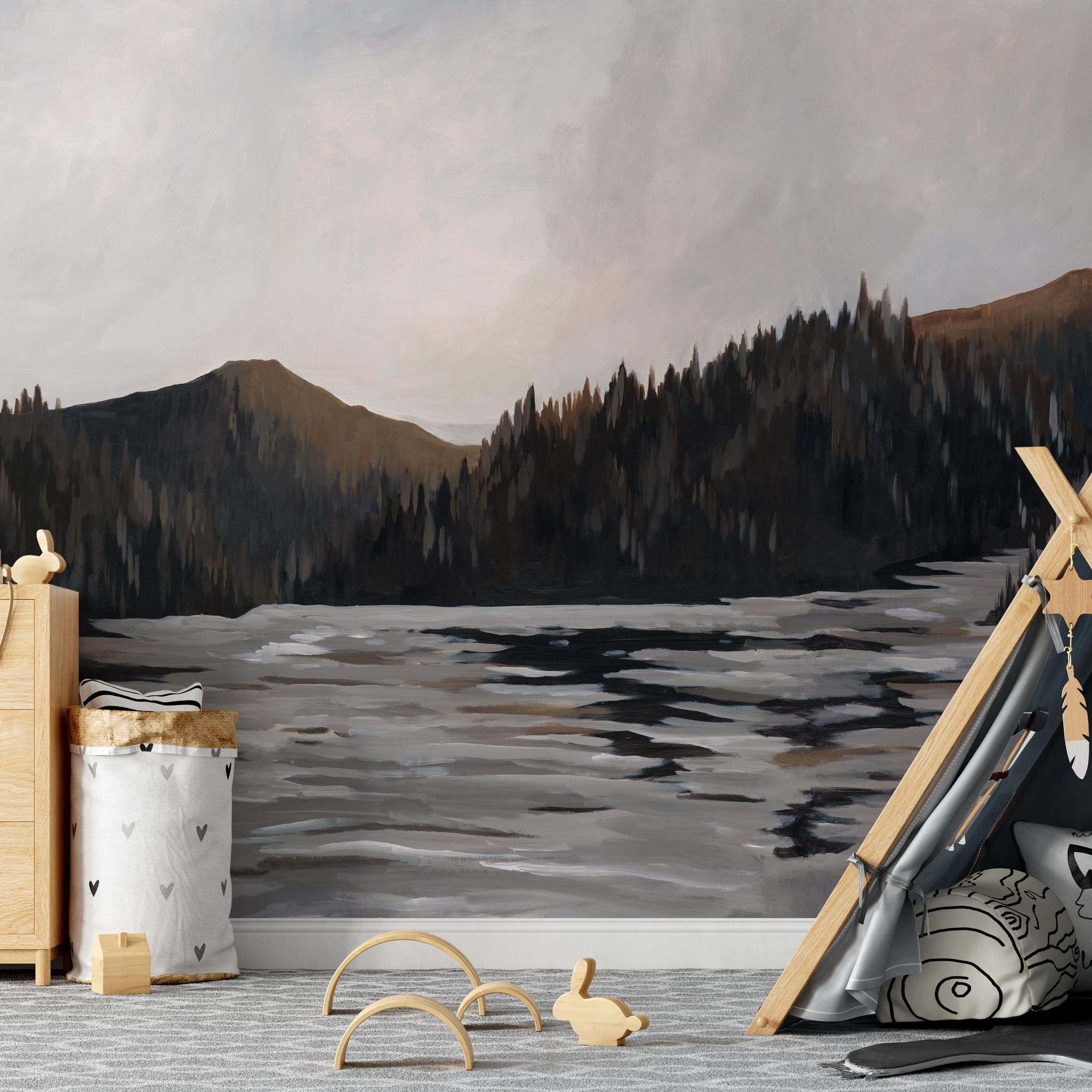 Solitude Wallpaper from The David Brazier Line in a stylish children's room, showcasing the calming scenery design.
