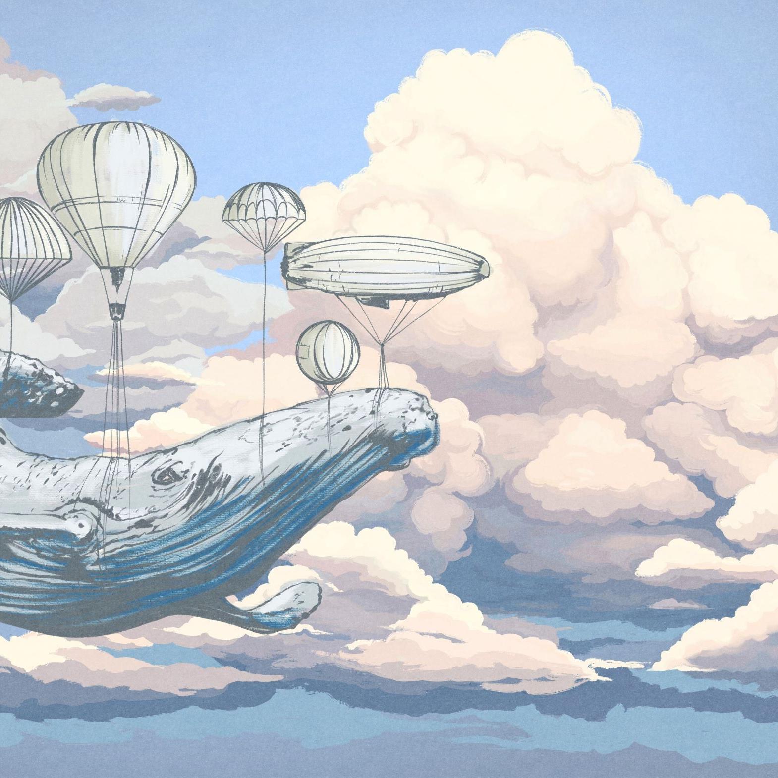 Moby's Dream Wallpaper by Wall Blush SG02 in a whimsical nursery, featuring a flying whale and hot air balloons.

