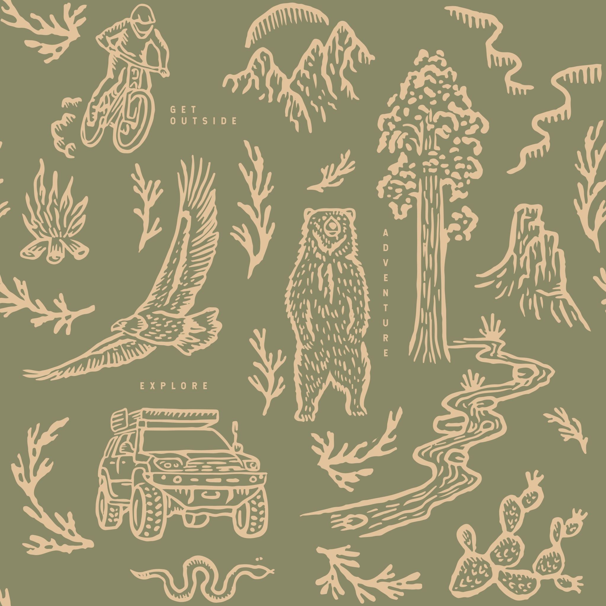 "Wall Blush 'Adventure Awaits (Green) Wallpaper' in a cozy bedroom setting, showcasing vibrant outdoor-themed design."