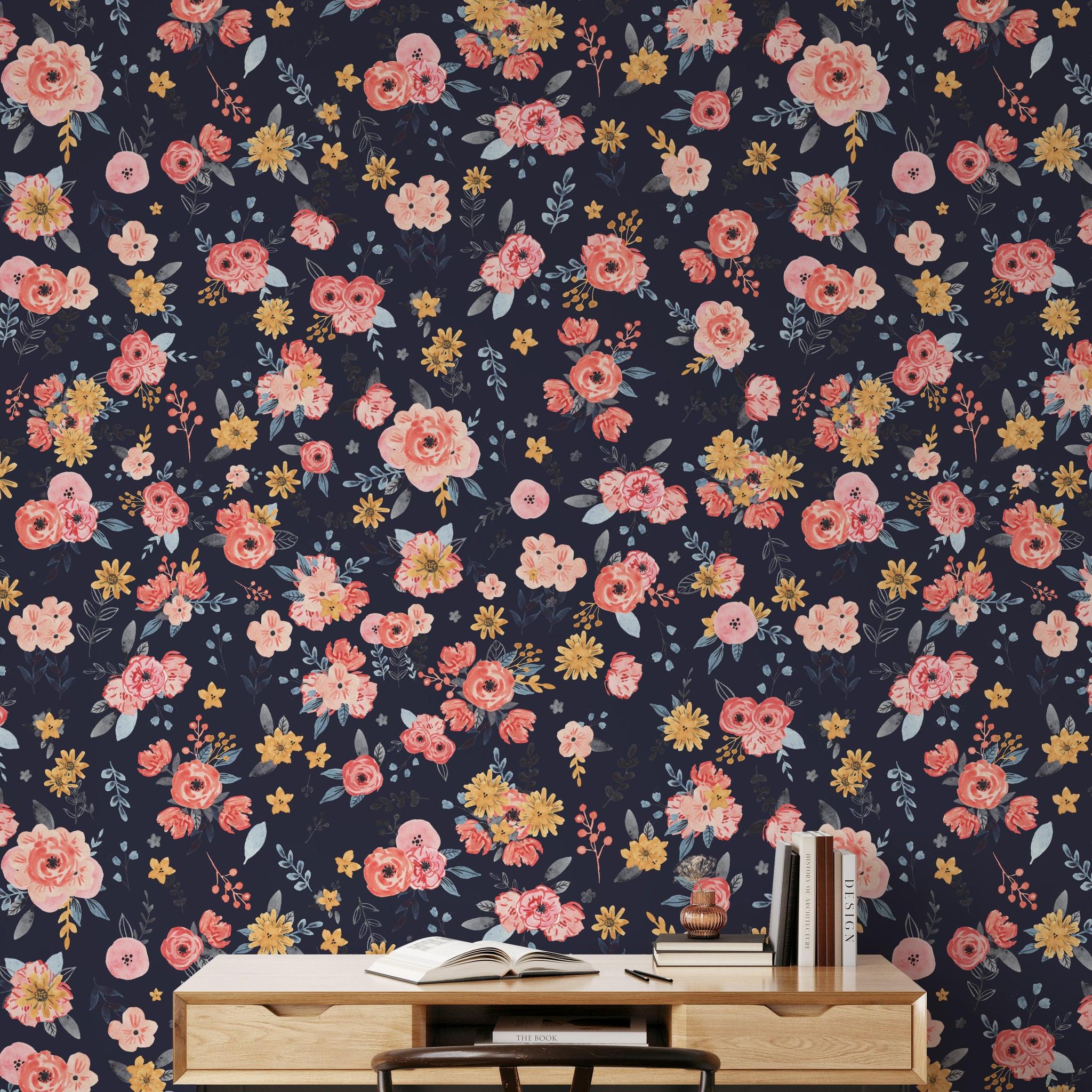 In Bloom (Navy) Wallpaper by Wall Blush in a stylish home office, showcasing floral design focus.
