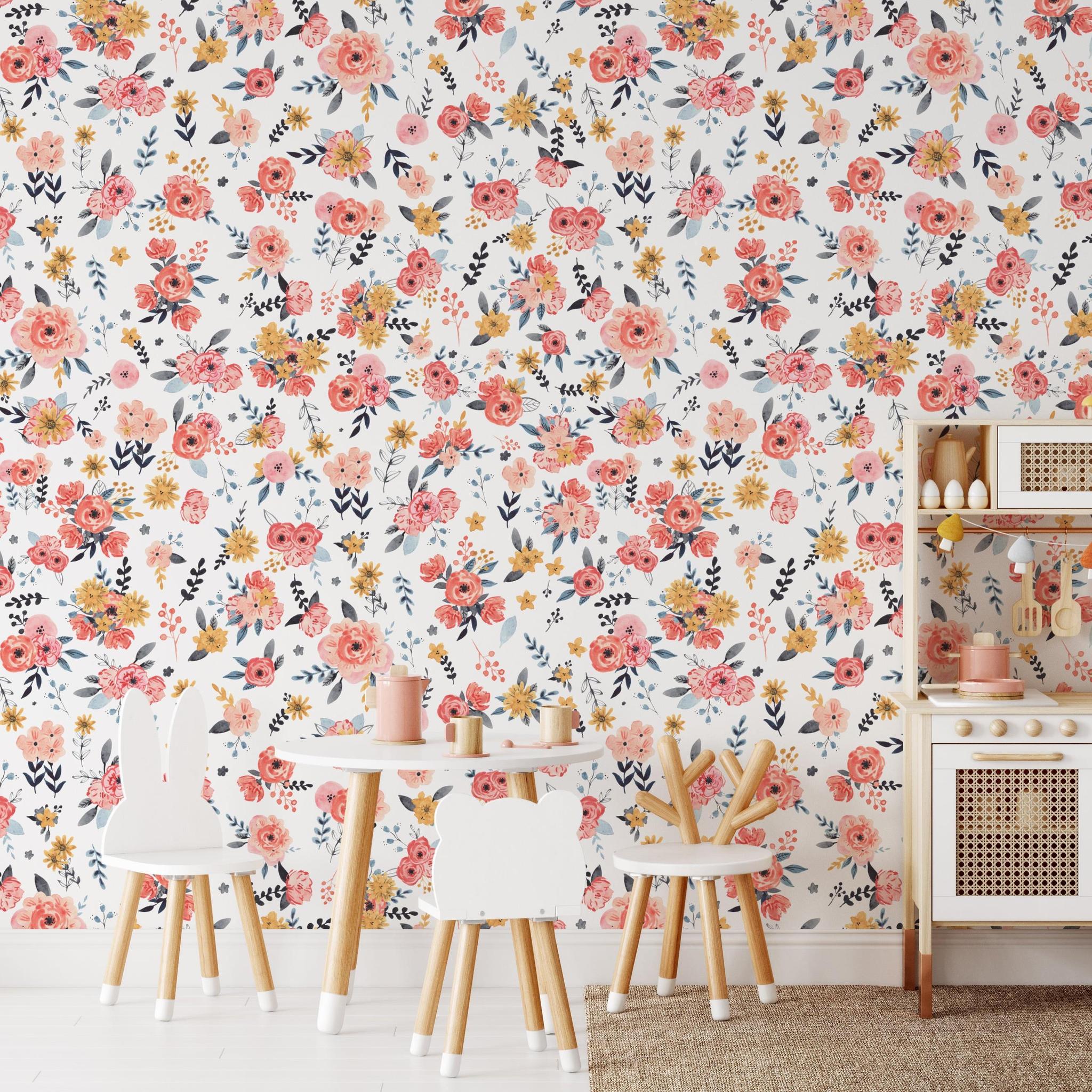 In Bloom (White) Wallpaper by Wall Blush on full display in a stylish playroom.
