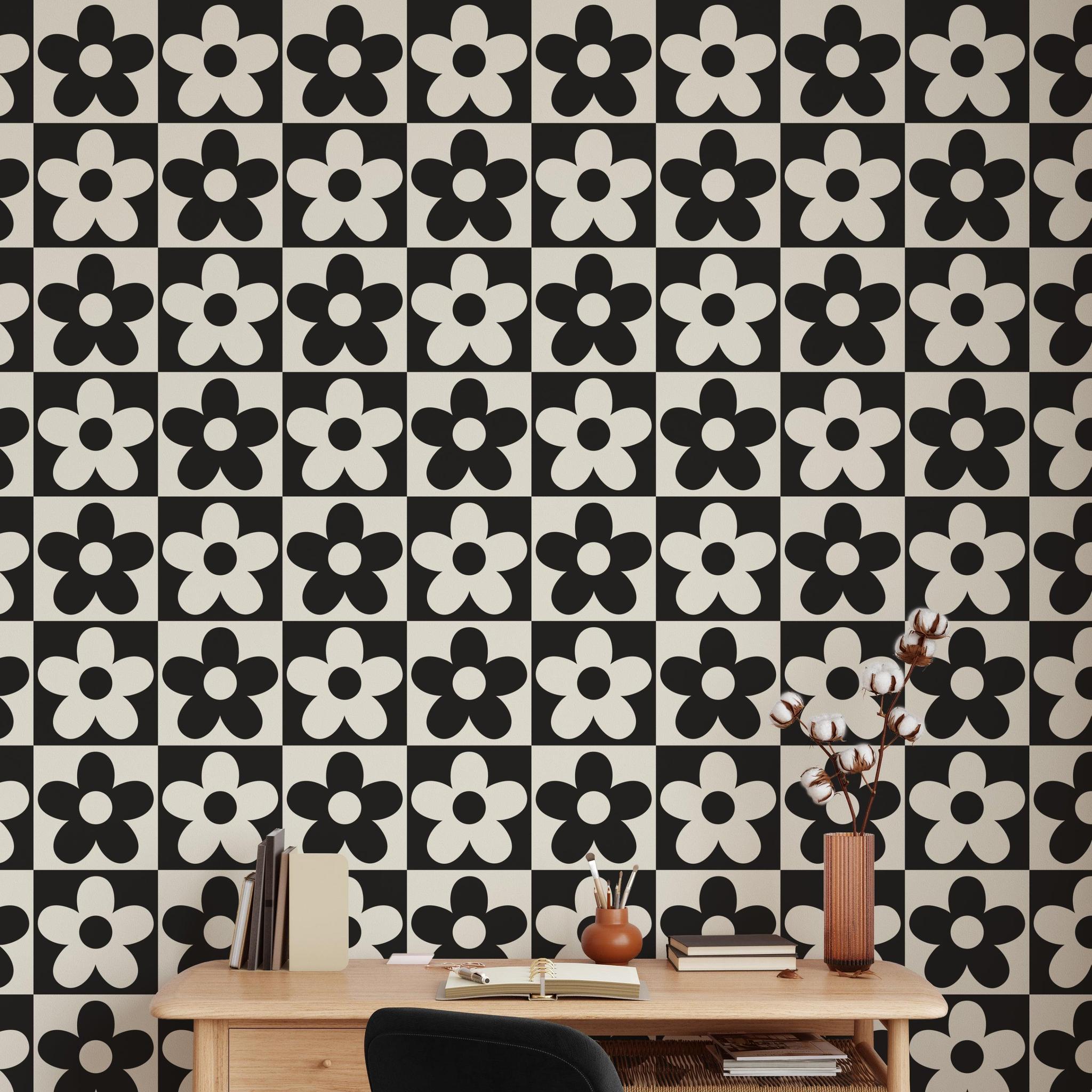 Lizzie Wallpaper by Wall Blush SG02 in a stylish home office focusing on the bold floral pattern.
