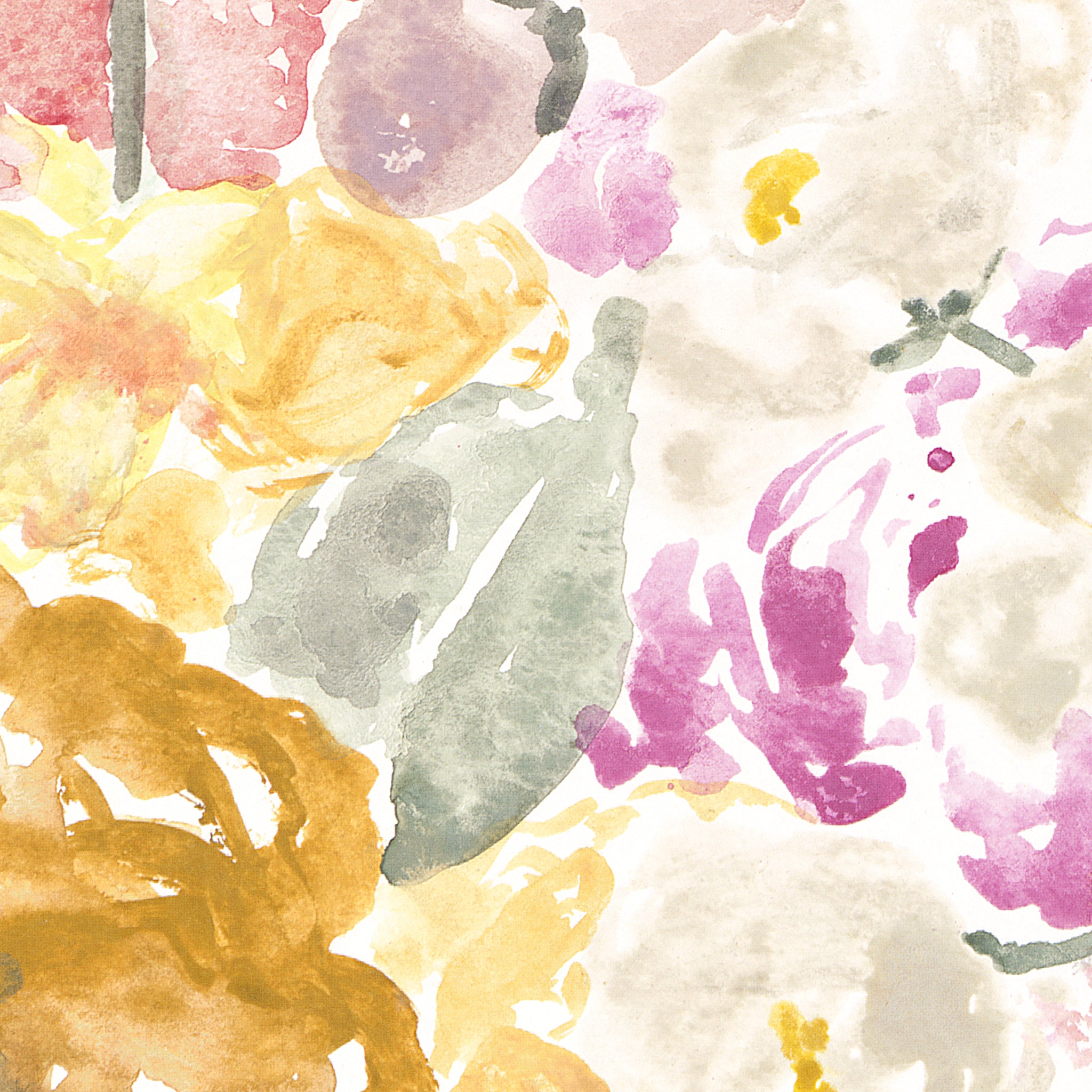 "Wall Blush Spring Fling Wallpaper featured in a modern living room, colorful watercolor floral design."