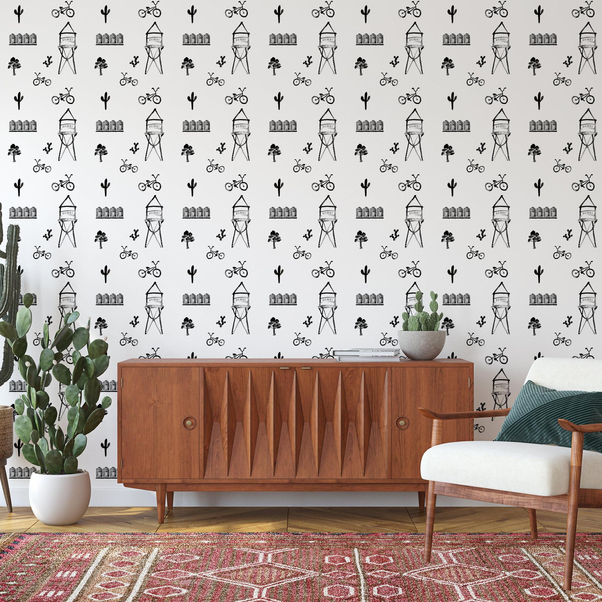 G-Town Vibes Wallpaper by The Minty Line in a stylish living room setup, highlighting the wall decor.
