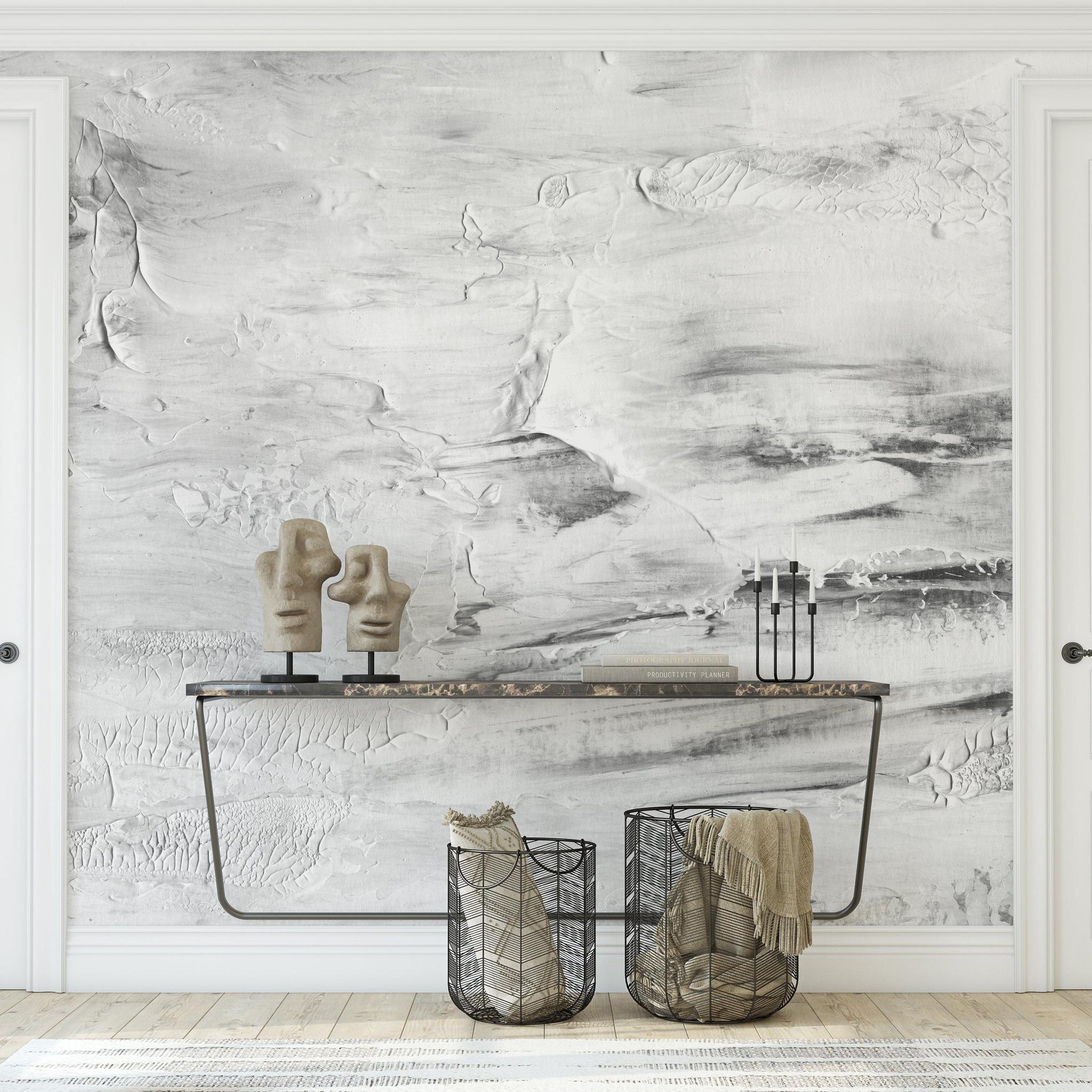 The A&S Line's Paint It Black Wallpaper in a modern bathroom, showcasing the elegant wall design.
