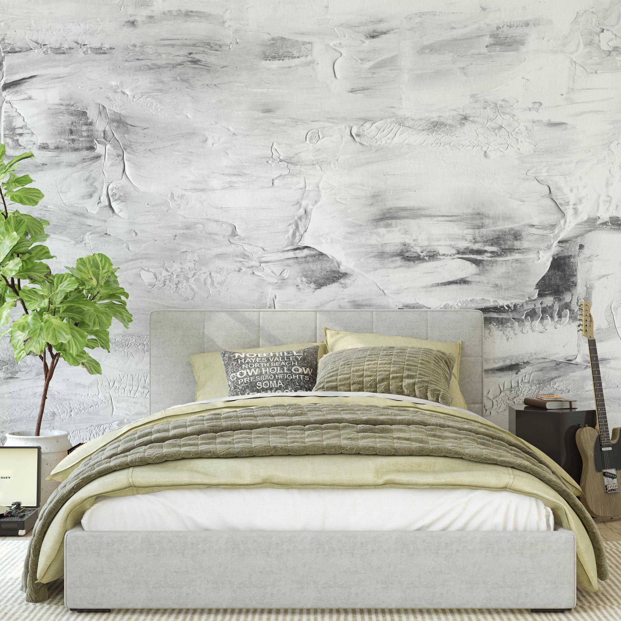 Modern bedroom showcasing The A&S Line's Paint It Black Wallpaper with elegant decor.
