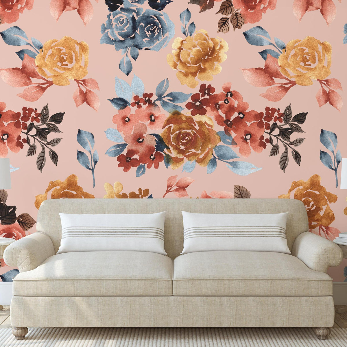 Chic living room featuring Portland (Blush) Wallpaper by The Ania Zwara Line with floral design focus.
