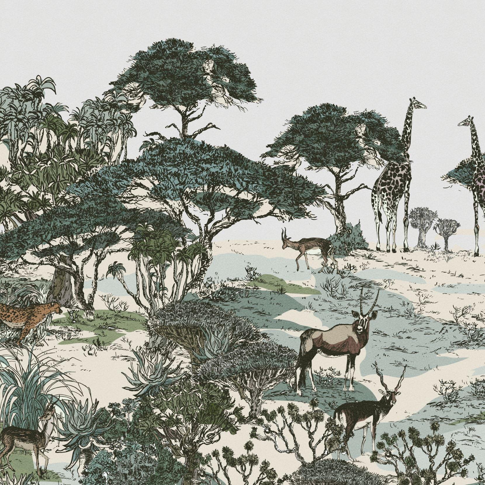 Eliza Wallpaper featuring savannah wildlife design from Wall Blush SG02 in a stylish living room setting.

