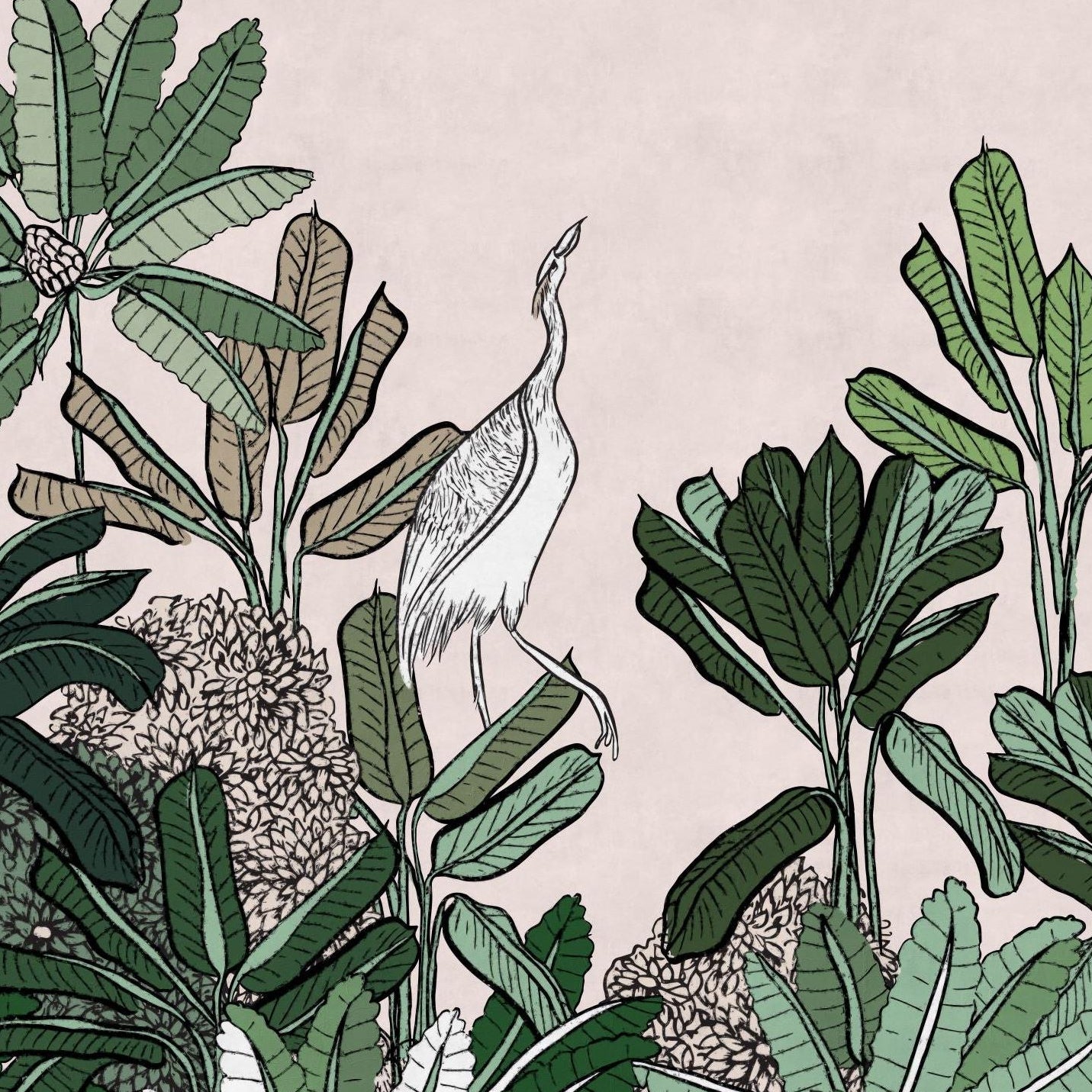 Ardea Wallpaper by Wall Blush SG02 featuring tropical botanical design in a stylish living room setting.
