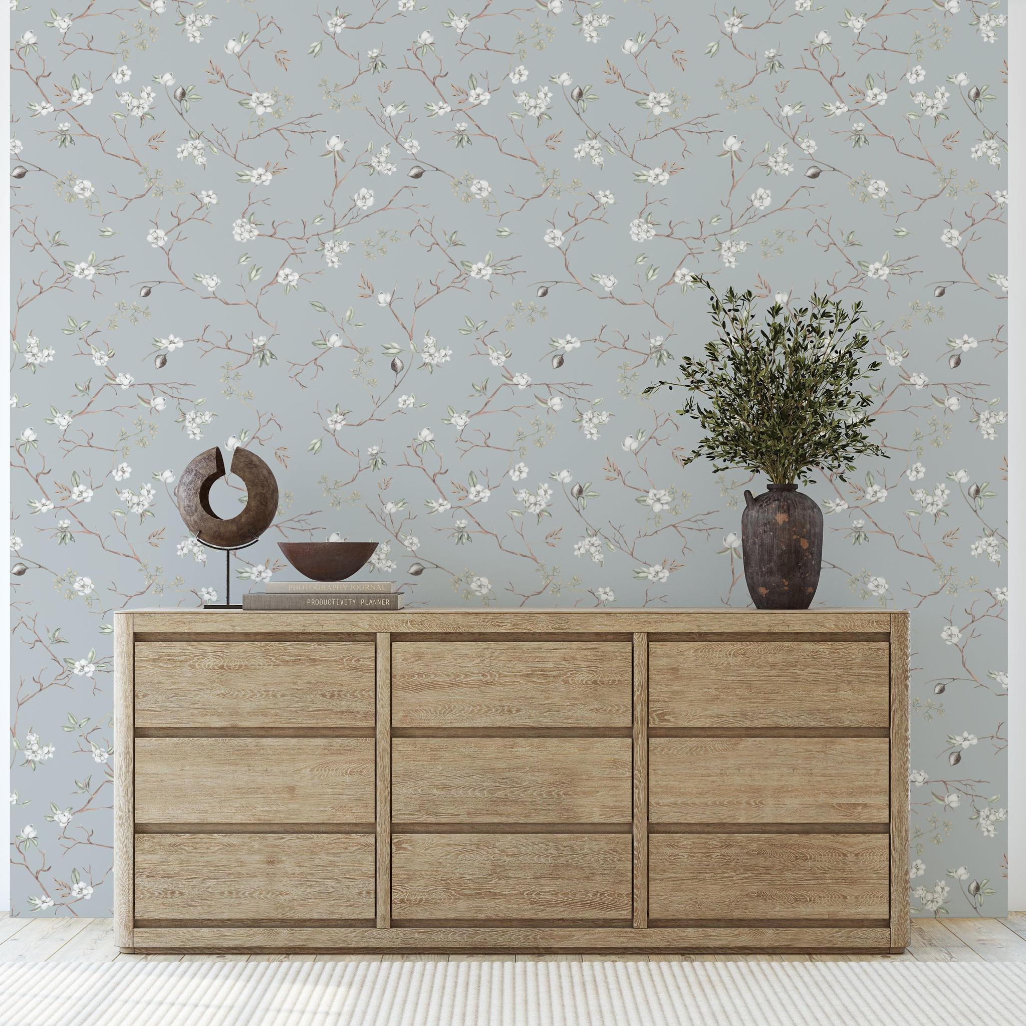Versailles Wallpaper by Wall Blush in an elegant living room, floral pattern focus with natural light.
